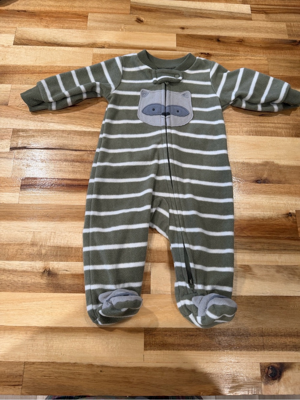 Newborn Carter’s Striped Olive Green Baby One-Piece Footies with Raccoon Patch